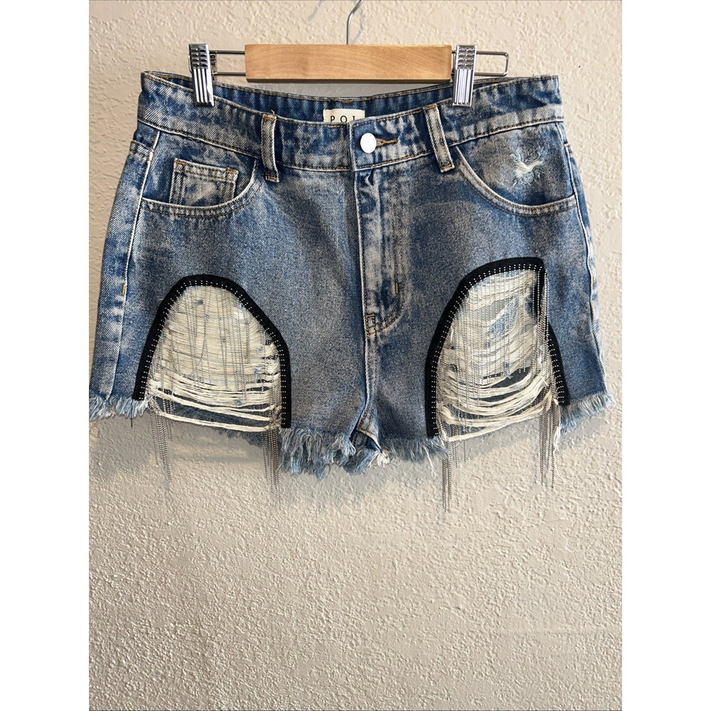Pol Womens M Denim Shorts Distressed Cut Offs Embellished Bead Trim Frayed